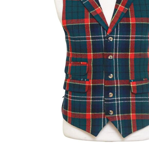 Mens Tartan Plaid Vest 44R Green Blue Red Lambswool Waistcoat XL Formal Wedding - Picture 7 of 9